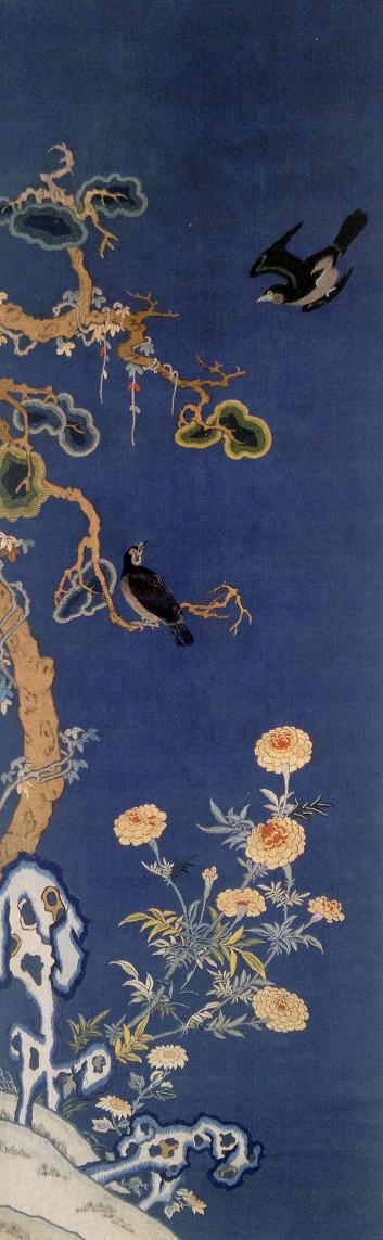 刺繡柏菊八哥圖（軸），清同治年間繡品，蘇繡，刺繡品，藏品繡