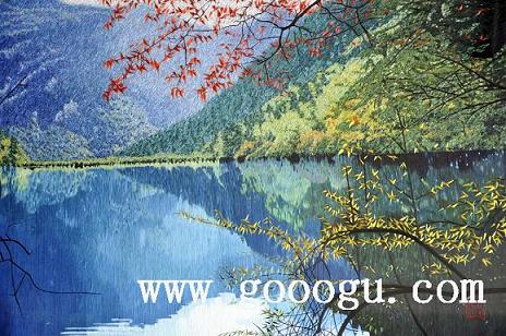 九寨溝風(fēng)景刺繡畫,高檔風(fēng)景刺繡裝飾畫,蘇繡工藝品畫