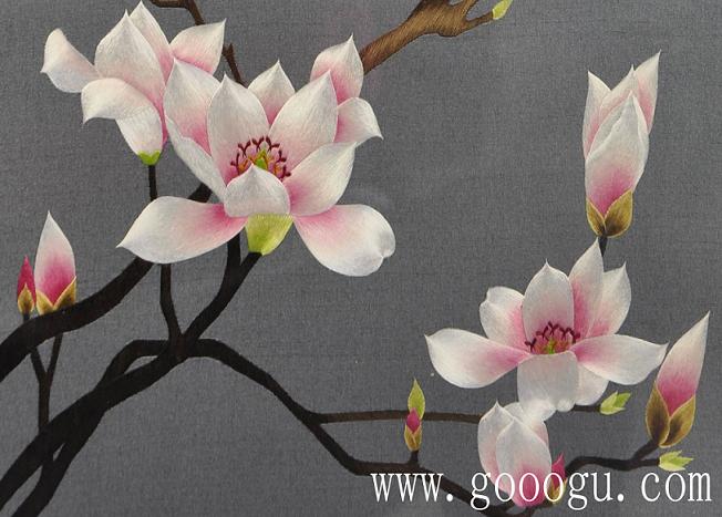 玉蘭花特寫、一絲的絲線精繡而成、光澤度好，仿佛能聞到花香！