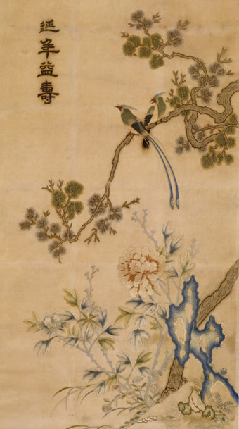 刺繡牡丹綬帶圖（軸），延年益壽，祝壽題材蘇繡，道光年間刺繡，宮廷繡品